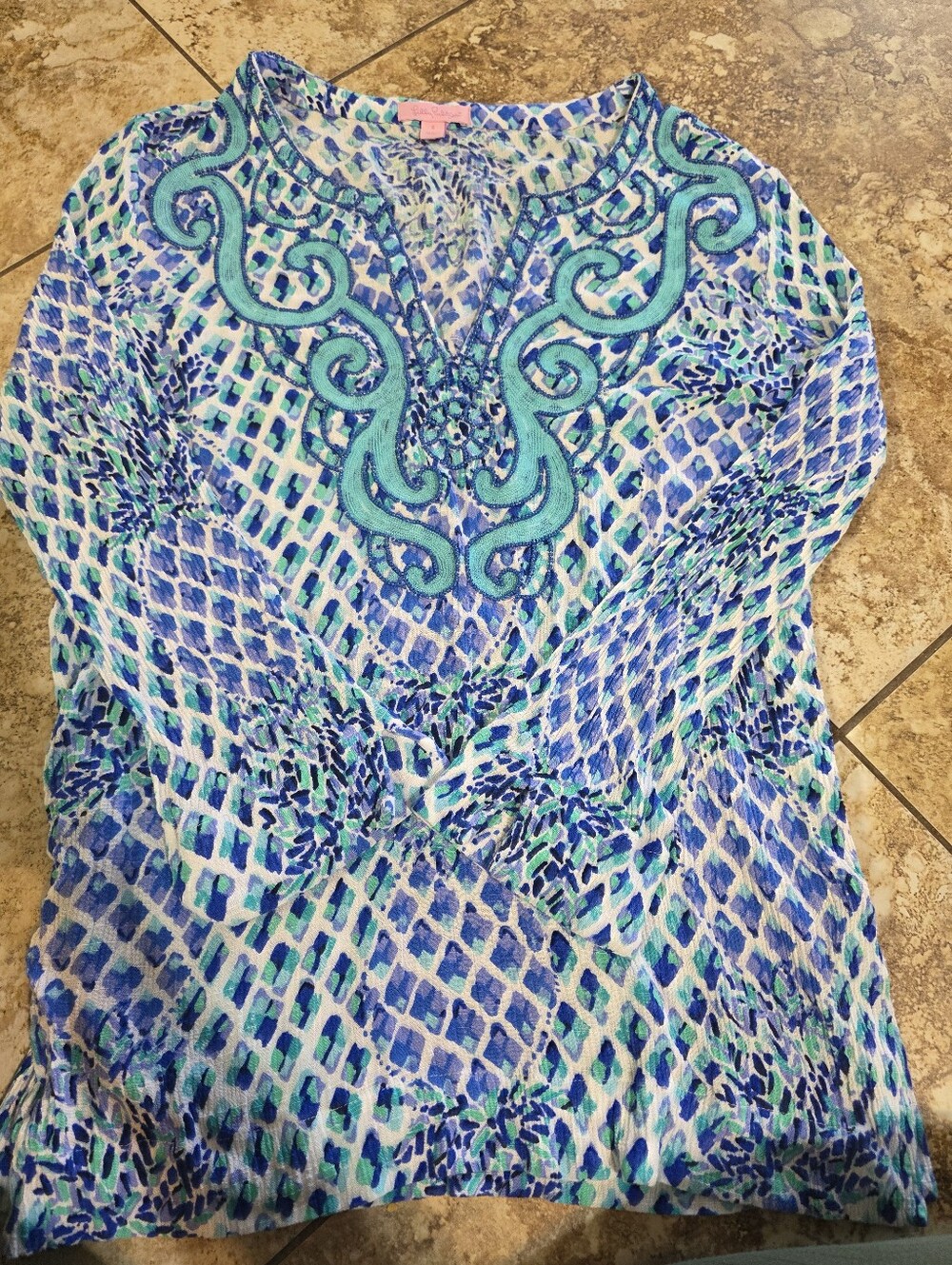 Lilly Pulitzer Amelia Island Tunic Blue Pineapple Toe In Beaded Top Size Small